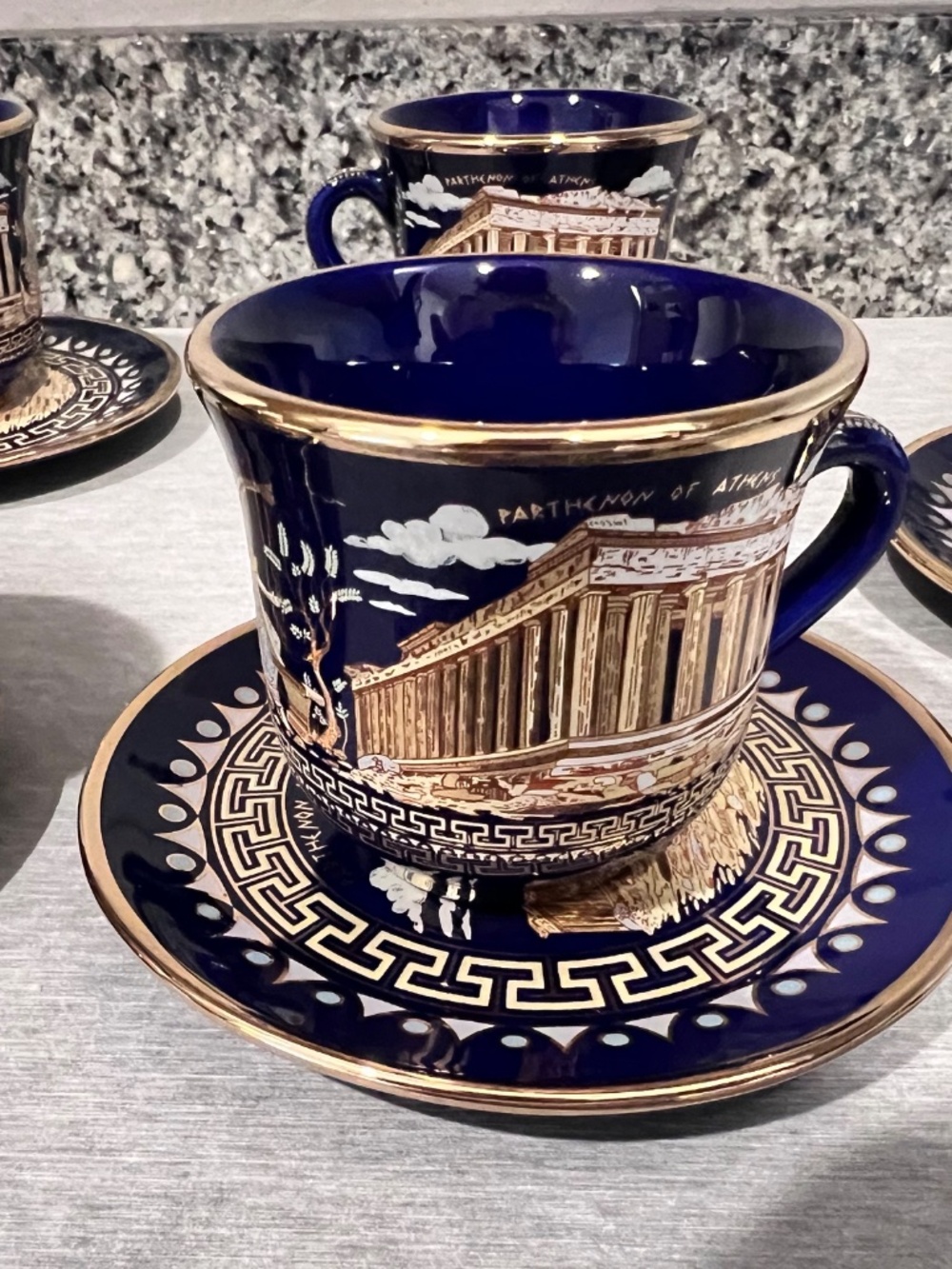 Greek Parthenon 24K Gold Cobalt Cup & Saucer Set 10 Pieces